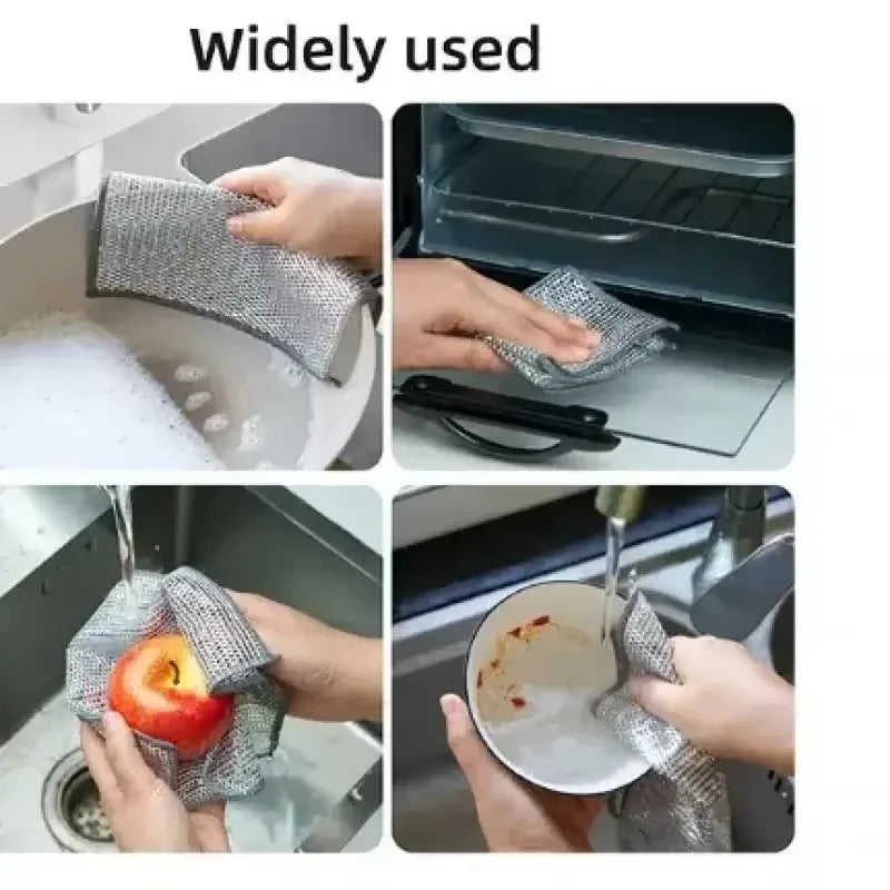 A set of silver mesh multipurpose non-stick kitchen cleaning cloths being used for various cleaning tasks.