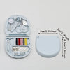 A portable mini sewing kit with various tools and colored threads is shown alongside a compact storage case.