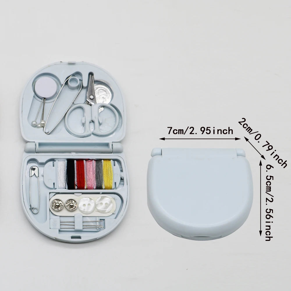 A portable mini sewing kit with various tools and colored threads is shown alongside a compact storage case.