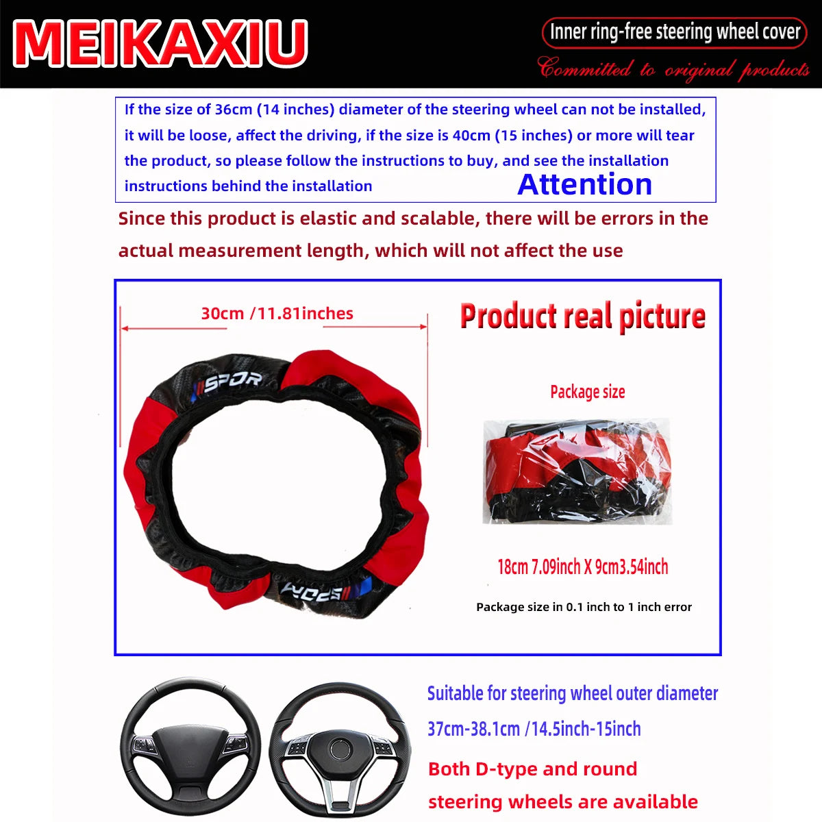 A black and red elastic steering wheel cover for 37-38cm wheels shown with various sizes.