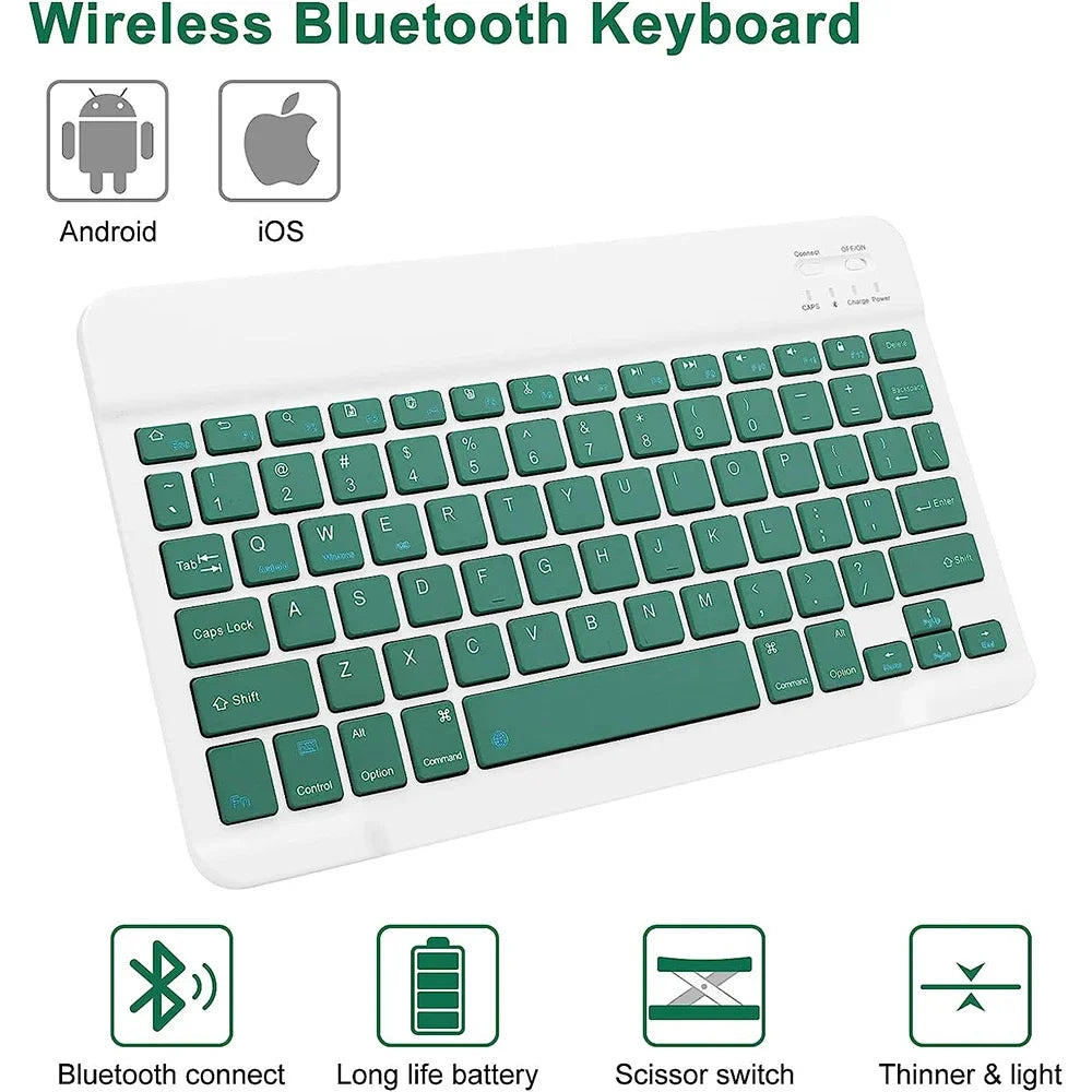 White wireless Bluetooth keyboard shown next to icons for Android and iOS compatibility.