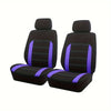 A black car seat cover set featuring purple accents on the headrest and seat cushions.