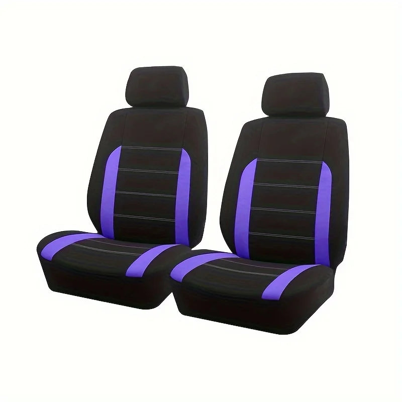 A black car seat cover set featuring purple accents on the headrest and seat cushions.
