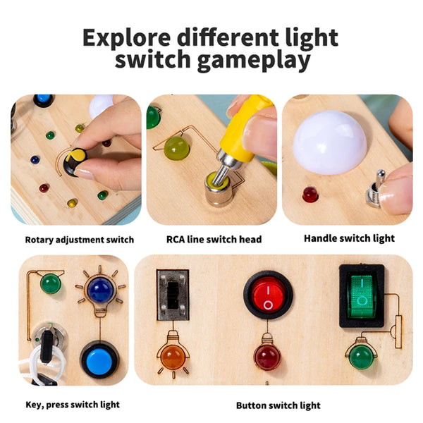 Various light switch gameplay options on a wooden musical busy board including rotary, RCA line, handle, key, and button swit
