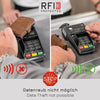 Une main tient un portefeuille en carte en cuir marron anti-RFID à côté d'un smartphone, démontrant la protection contre le v