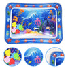 Blue inflatable baby water play mat featuring colorful floating toys and sea creatures.