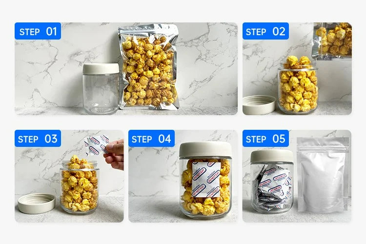 Five steps showing the process of preparing food-grade oxygen absorbers for long-term food storage.