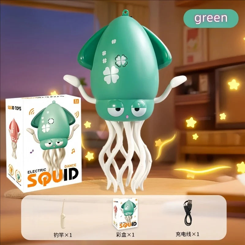 A green electric squid toy with white tentacles is shown against a blurred background.