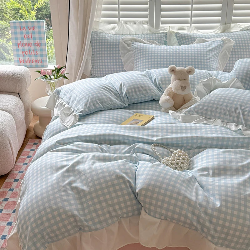 Pink Checkered Lace Duvet Cover Set (3 Pieces)