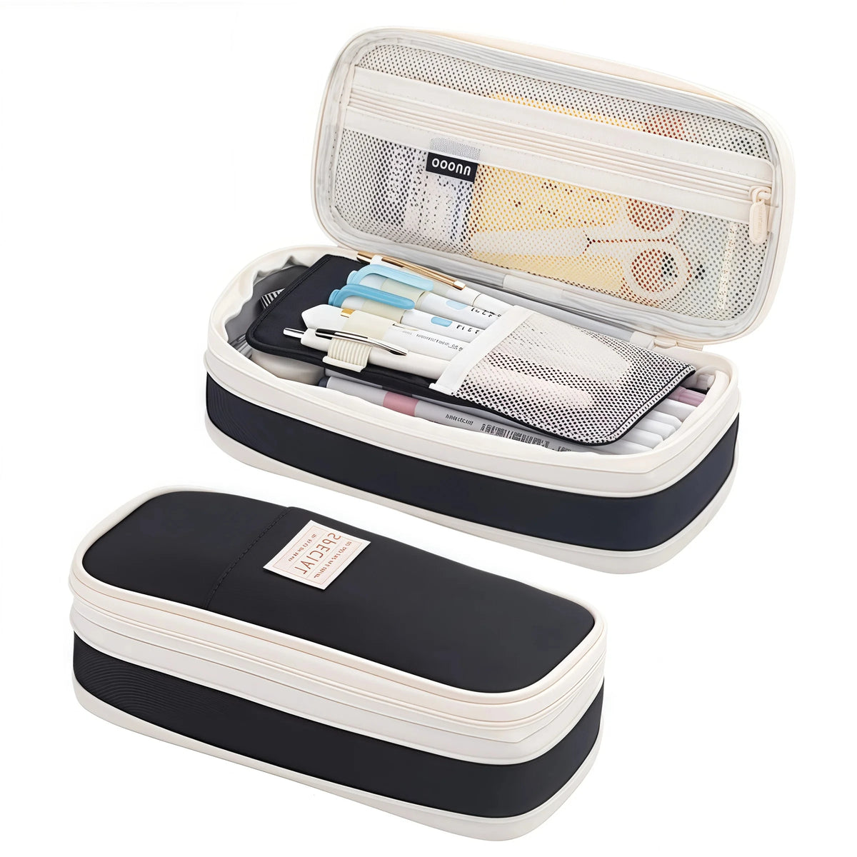 A large capacity fabric pencil case with a clear lid and multiple pens and pencils inside.