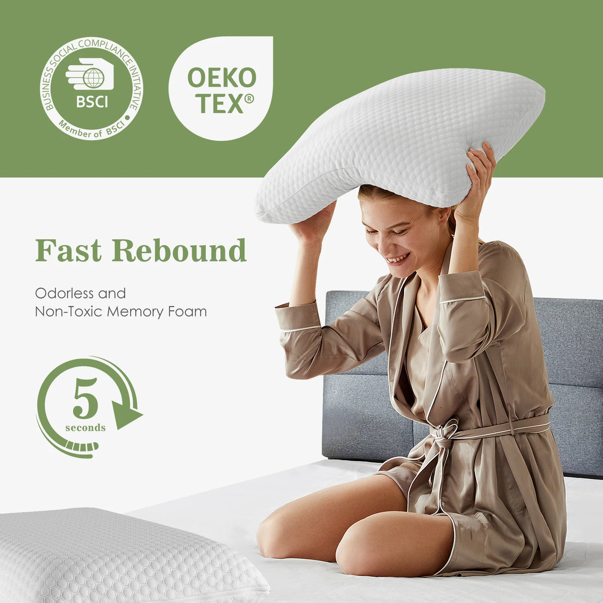 A woman is holding a white memory foam pillow, demonstrating its fast rebound property on a bed.