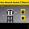 A close-up view of a silver hex wrench socket with a 19mm drive size and various dimension markings.