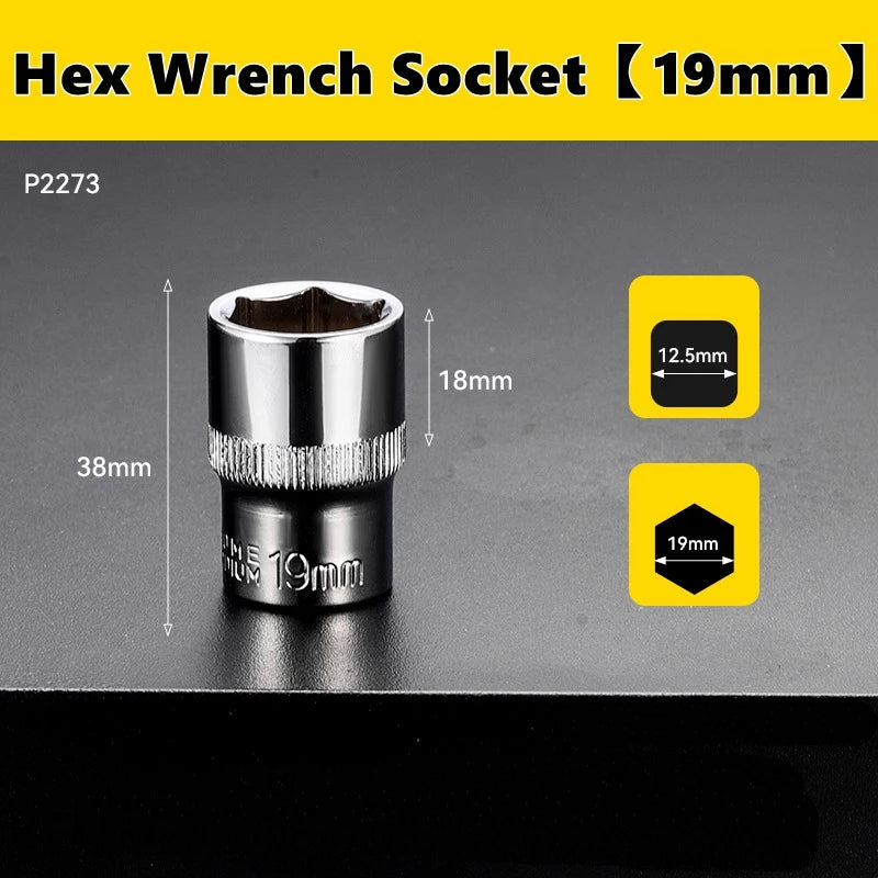 A close-up view of a silver hex wrench socket with a 19mm drive size and various dimension markings.