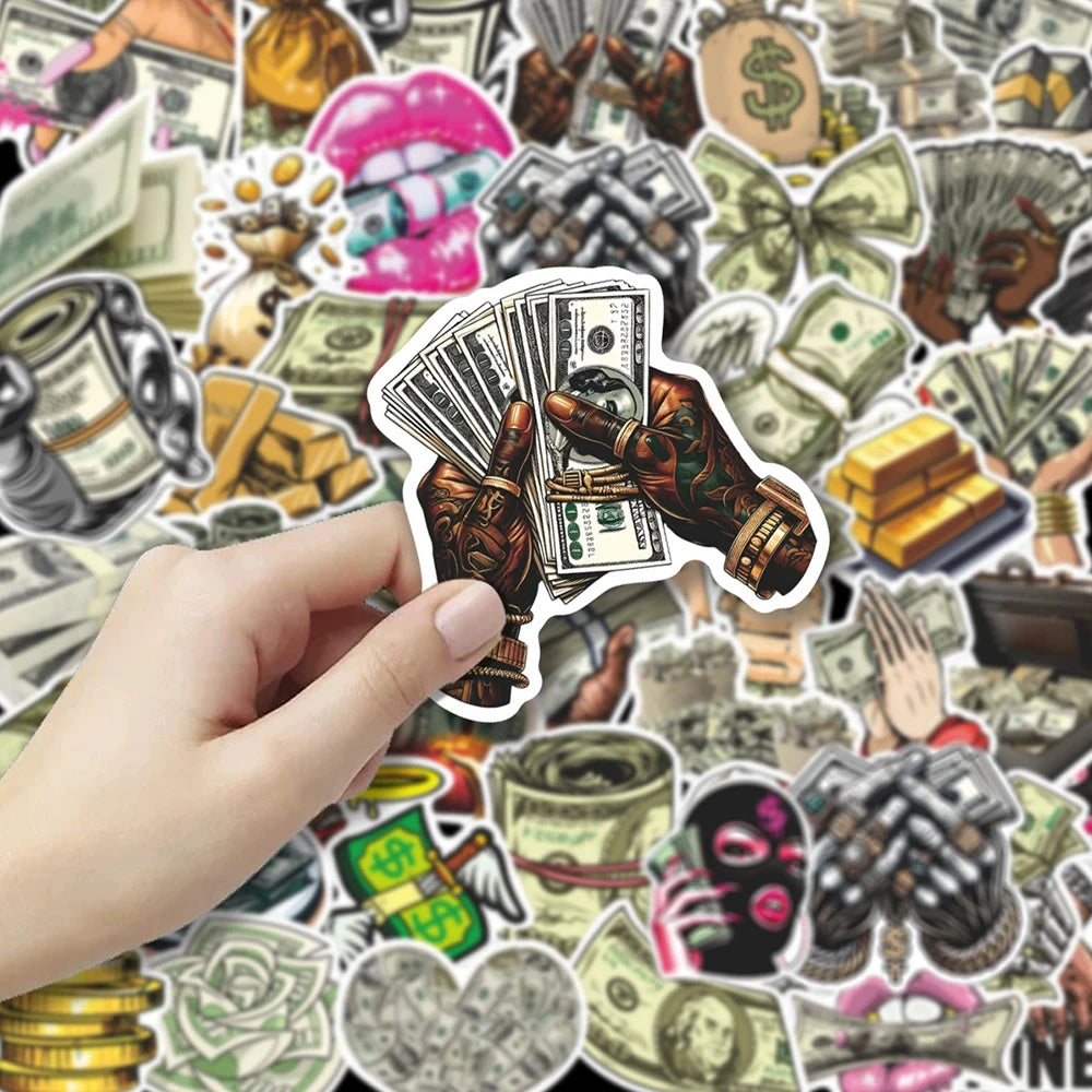 A hand holds a sticker pack featuring various funny money and graffiti cartoon stickers.