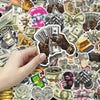A hand holds a sticker pack featuring various funny money and graffiti cartoon stickers.