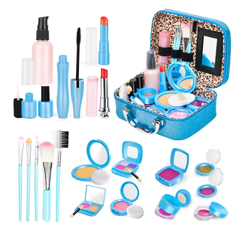 A collection of kids pretend makeup toys including bottles, brushes, palettes, and mirrors in various colors.