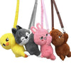 A collection of soft stuffed animal plush dolls in various colors including yellow, gray, pink, and brown.