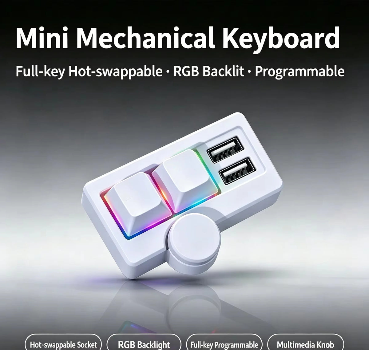 A white mini mechanical keyboard featuring hot-swappable switches and an RGB backlit keycap with a multimedia knob.