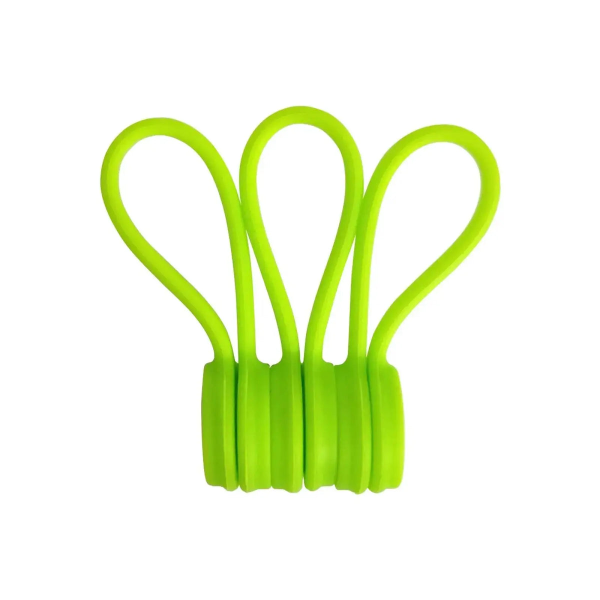A pack of three bright lime green magnetic silicone cable ties used for organizing cords.