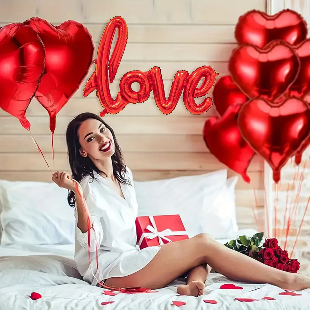 Red Love Letter Balloon Set with Rose Petals for Valentine's Day & Anniversary