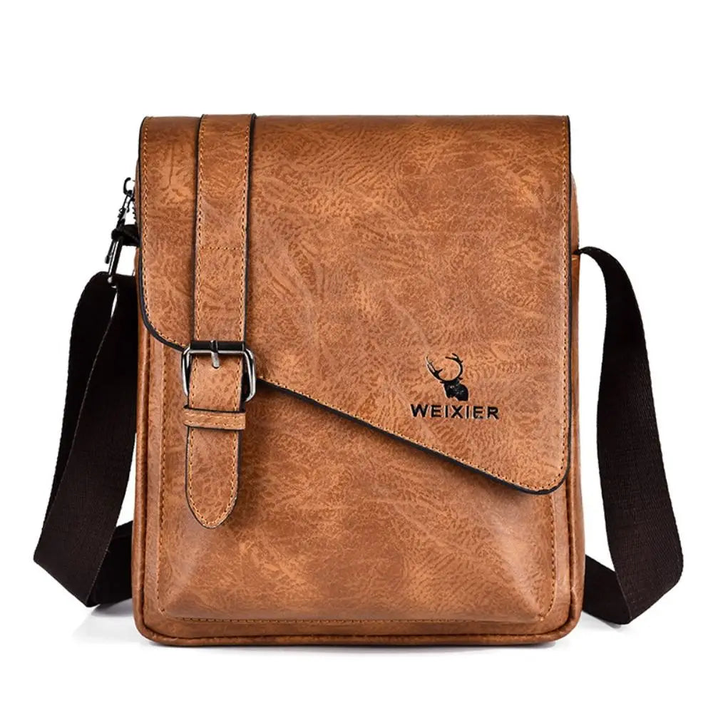 A brown vintage PU leather messenger bag for men with a black adjustable strap.
