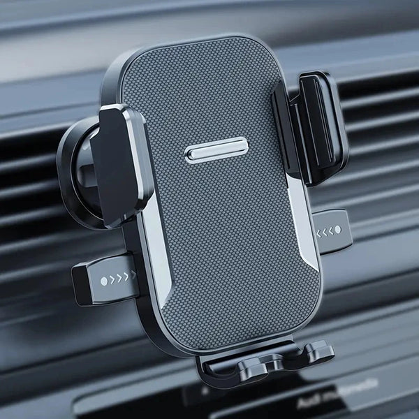A black universal car phone holder with a textured surface and mounting brackets shown against a dark background.