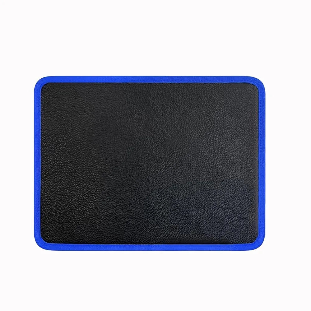 Black heavy-duty magnetic tool mat with a blue border