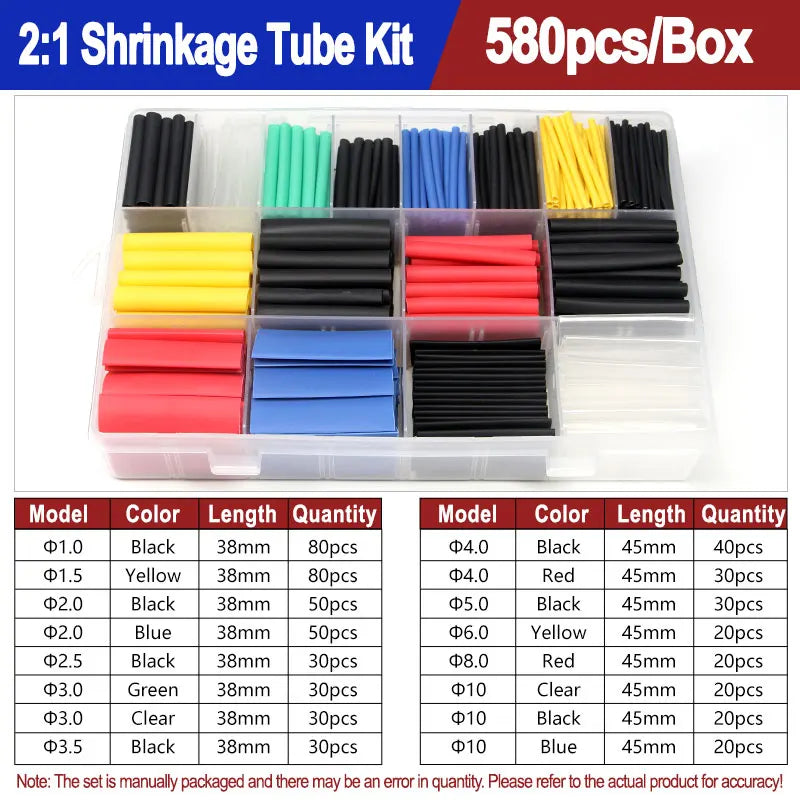 A box of heat shrink tubing kit containing various colored and sized black, yellow, blue, red, and green tubing.