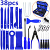 A collection of 38 auto trim removal tools in blue and black, including various blades and tools, shown with a storage bag.