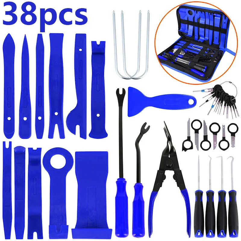 A collection of 38 auto trim removal tools in blue and black, including various blades and tools, shown with a storage bag.
