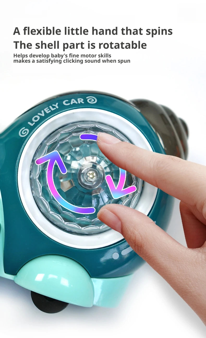 A hand is spinning the rotatable shell part of a teal crawling crab toy.
