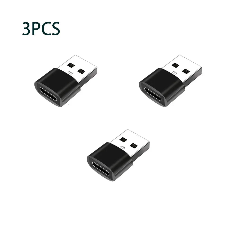Three black USB-C to USB adapter cables for fast charging and data transfer