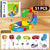 A set of 51 pieces of Cube Track building blocks shaped like a train track in various colors and sizes.