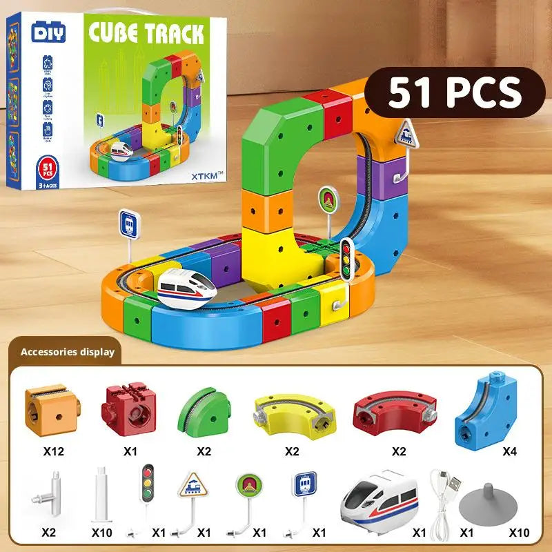 A set of 51 pieces of Cube Track building blocks shaped like a train track in various colors and sizes.