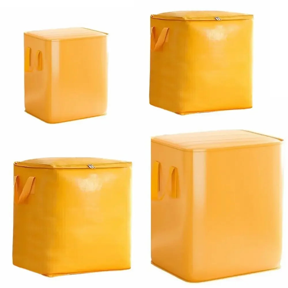 A yellow extra-large waterproof moving and storage bag with a foldable design shown in multiple views.