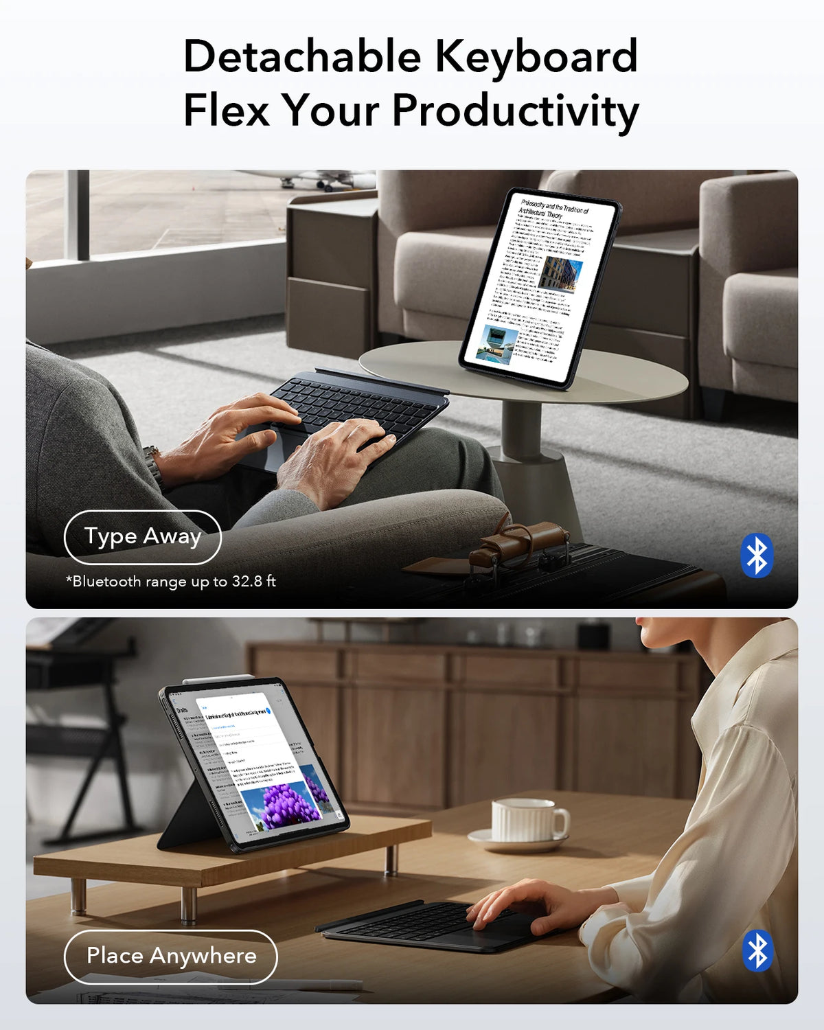 Una funda de teclado desmontable siendo utilizada con un iPad, demostrando flexibilidad en la productividad.