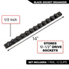 Black socket organizer rail with 1/2 inch spacing and 12 clips for storing drive sockets