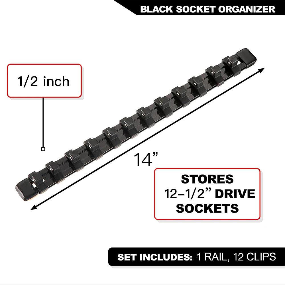 Black socket organizer rail set with 12 clips for storing 1/2 inch drive sockets