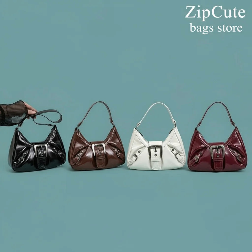 A row of four retro pleated PU hobo bags in black, brown, white, and burgundy displayed against a teal background.