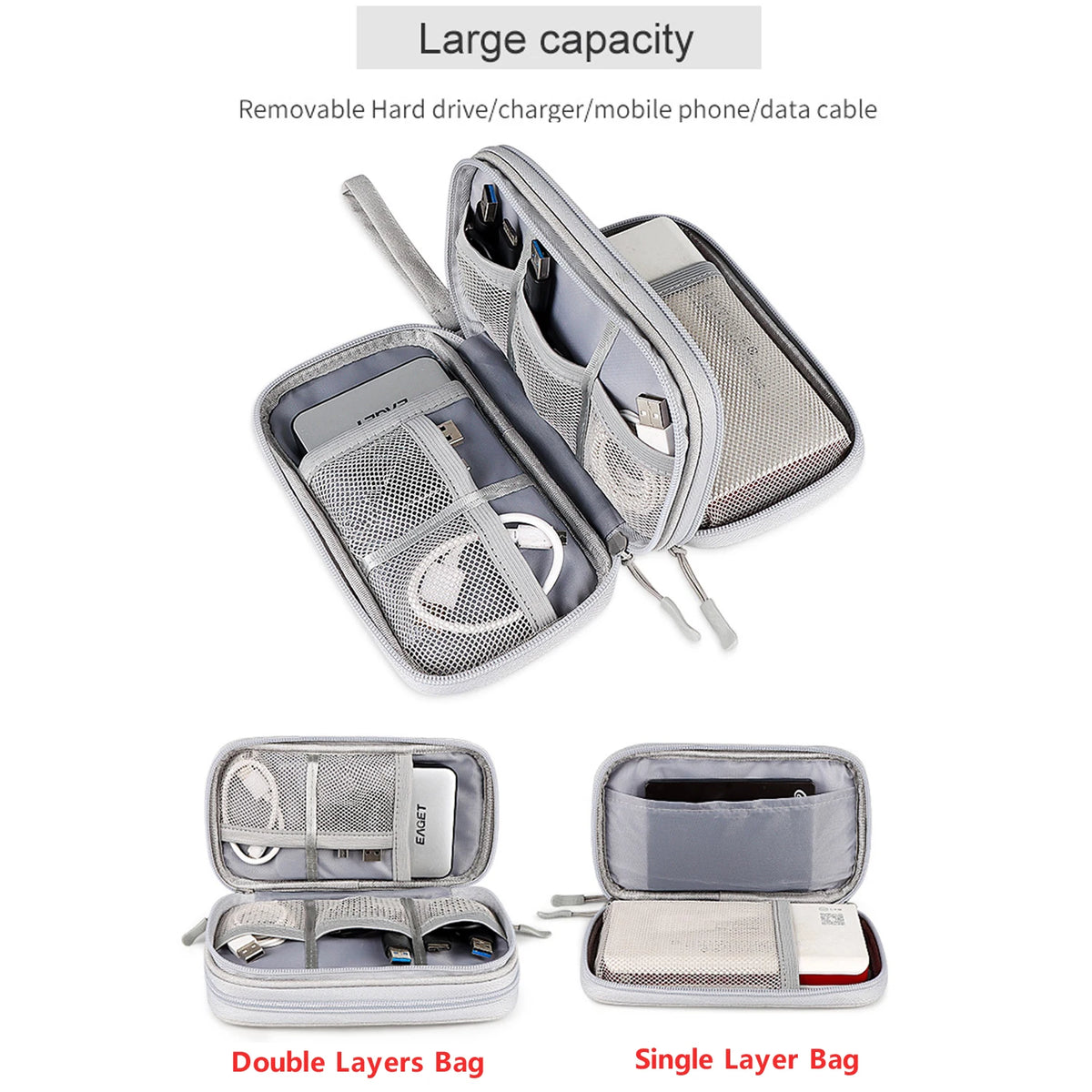 A set of waterproof nylon cable organizer travel cases including a double layer bag and a single layer bag