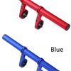 Red and blue aluminum alloy bicycle handlebar extender mounts shown in a diagonal view