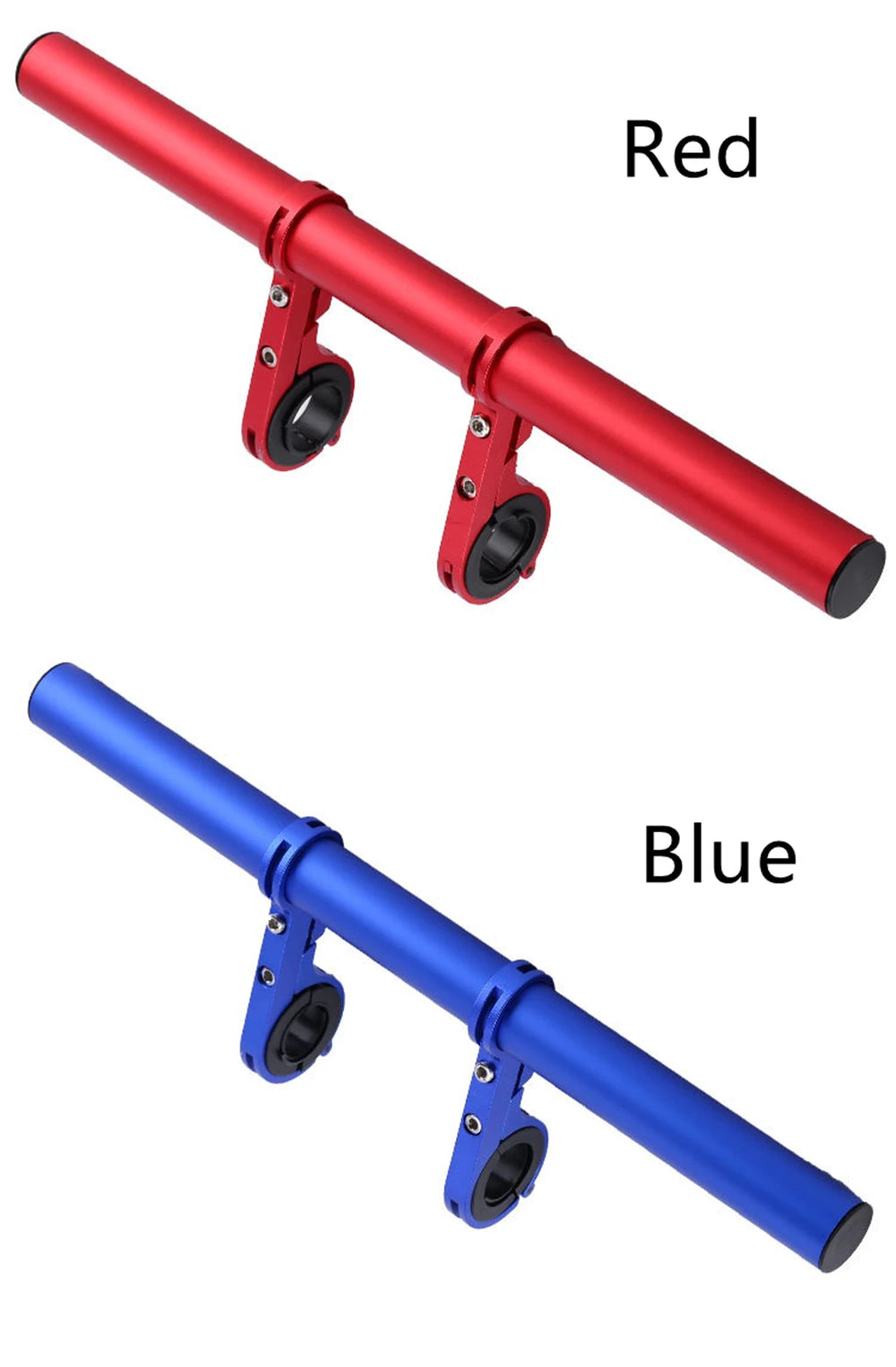 Red and blue aluminum alloy bicycle handlebar extender mounts shown in a diagonal view