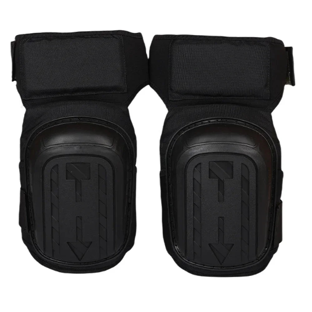 A pair of black heavy-duty gel knee pads with adjustable straps.