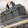 A heavy-duty waterproof tool organizer bag with multiple pockets is shown being placed onto a wooden surface.