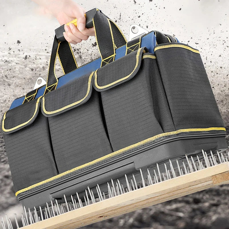 A heavy-duty waterproof tool organizer bag with multiple pockets is shown being placed onto a wooden surface.