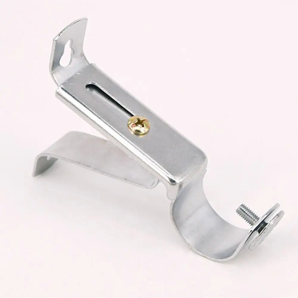 Silver metal curtain rod brackets with an adjustable wall mount support and a small brass pin.