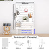 A white desktop pegboard organizer featuring hooks, shelves, and adjustable brackets for various tools and items.