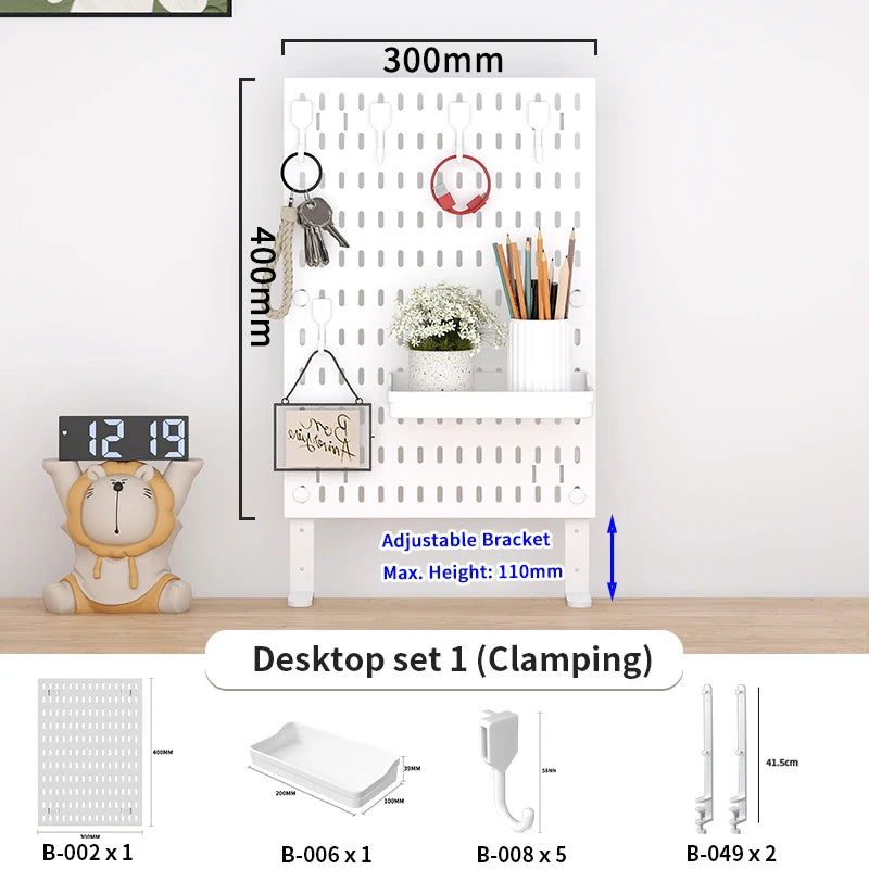 A white desktop pegboard organizer featuring hooks, shelves, and adjustable brackets for various tools and items.