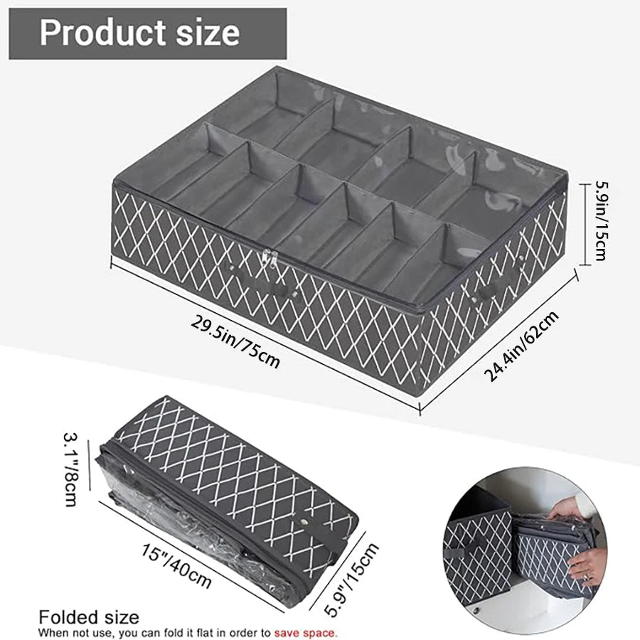 Folded under-bed shoe storage organizer with a diamond pattern and clear window shown next to its expanded size.
