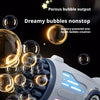 A white electric bubble gun is shown creating and shooting glossy bubbles against a dark background.